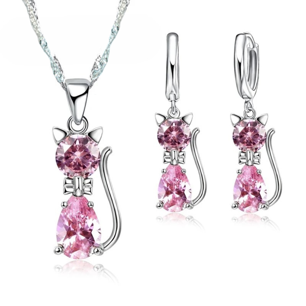 925 Sterling Silver Jewelry Set: Sparkling Austrian Crystal Cat Pendant Necklace and Huggie Earrings for Women and Girls
