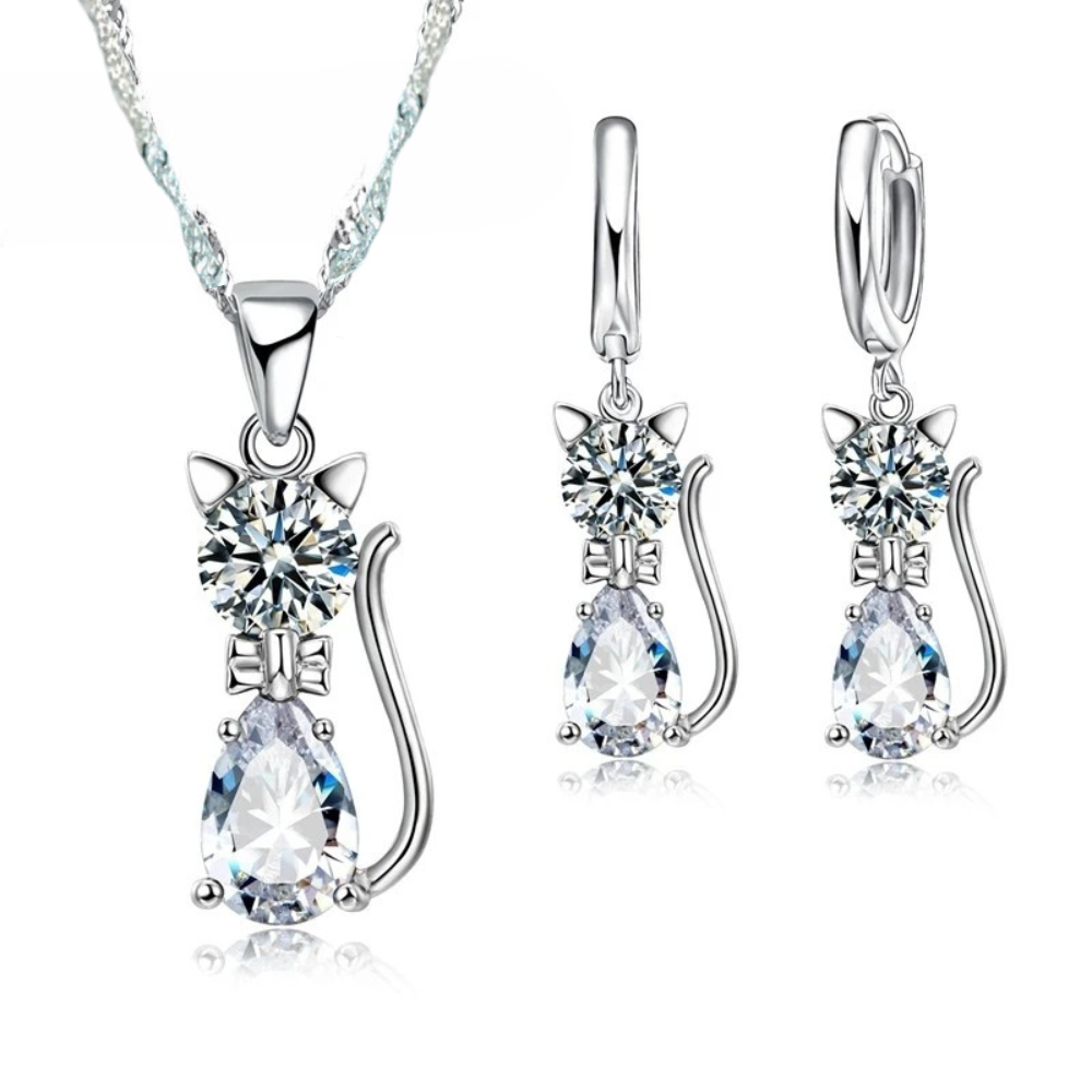 925 Sterling Silver Jewelry Set: Sparkling Austrian Crystal Cat Pendant Necklace and Huggie Earrings for Women and Girls