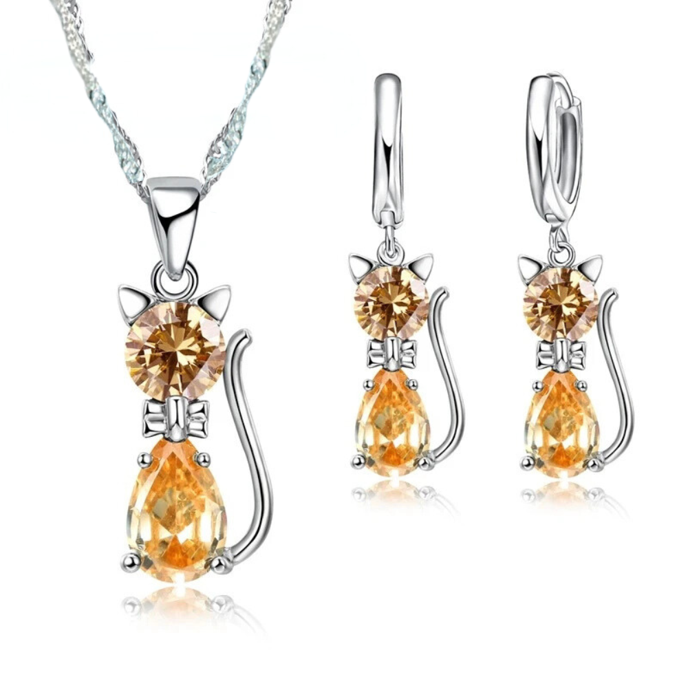 925 Sterling Silver Jewelry Set: Sparkling Austrian Crystal Cat Pendant Necklace and Huggie Earrings for Women and Girls