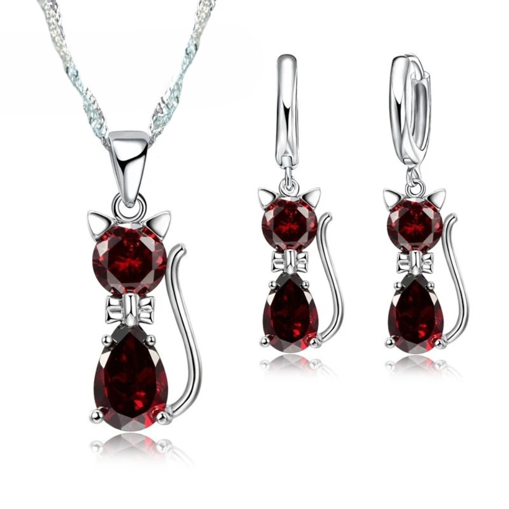 925 Sterling Silver Jewelry Set: Sparkling Austrian Crystal Cat Pendant Necklace and Huggie Earrings for Women and Girls