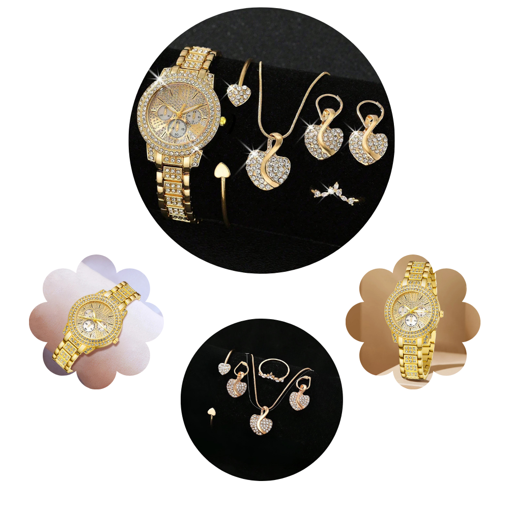 Elegant Gold Quartz Women’s Watch with a Jewelry Set featuring a Ring, Necklace, and Rhinestone Earrings – A perfect blend of charm and sophistication.