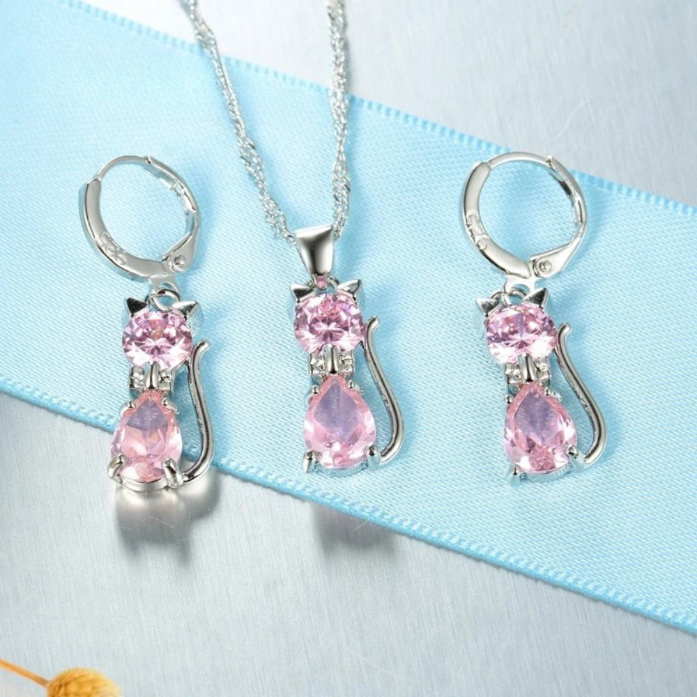 925 Sterling Silver Jewelry Set: Sparkling Austrian Crystal Cat Pendant Necklace and Huggie Earrings for Women and Girls