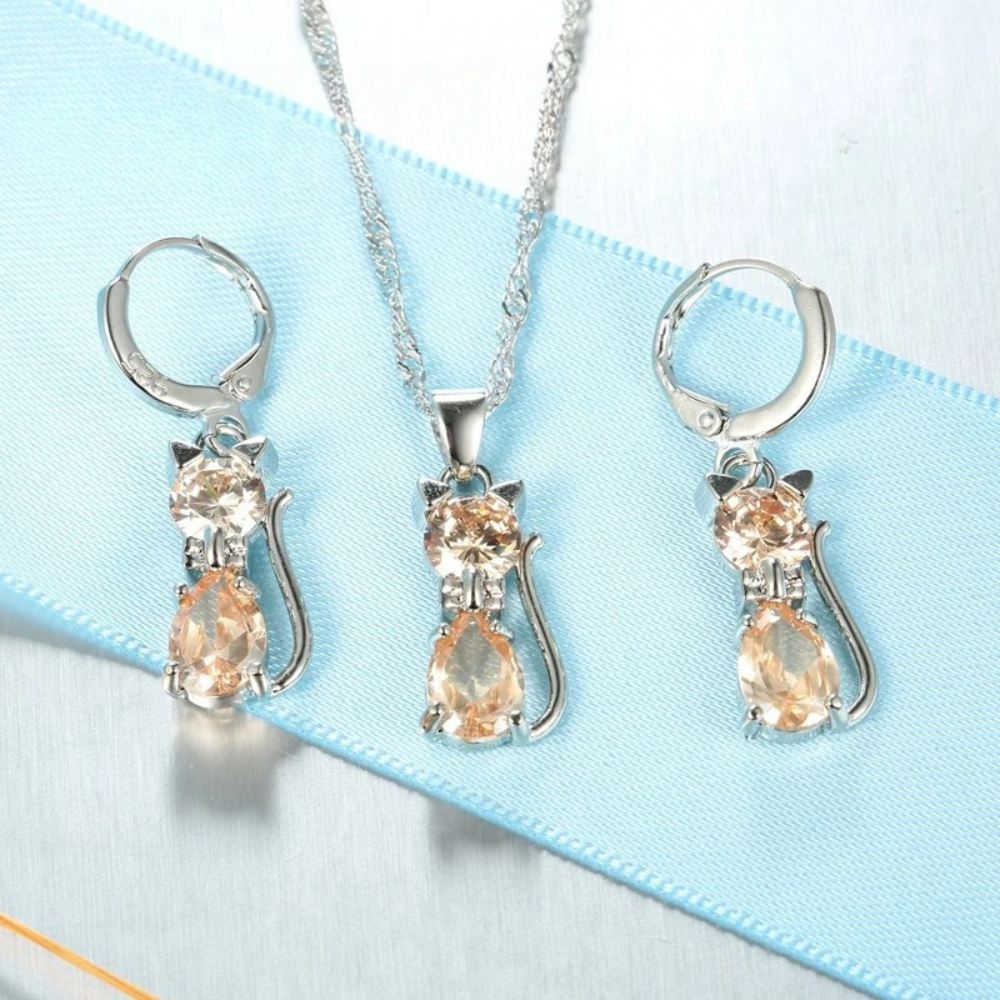 925 Sterling Silver Jewelry Set: Sparkling Austrian Crystal Cat Pendant Necklace and Huggie Earrings for Women and Girls