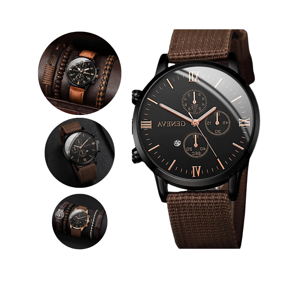 4/5PCS Stylish Men's Watch Set – Casual Nylon Strap Quartz Watches with Fashion Bracelets (No Box Included)