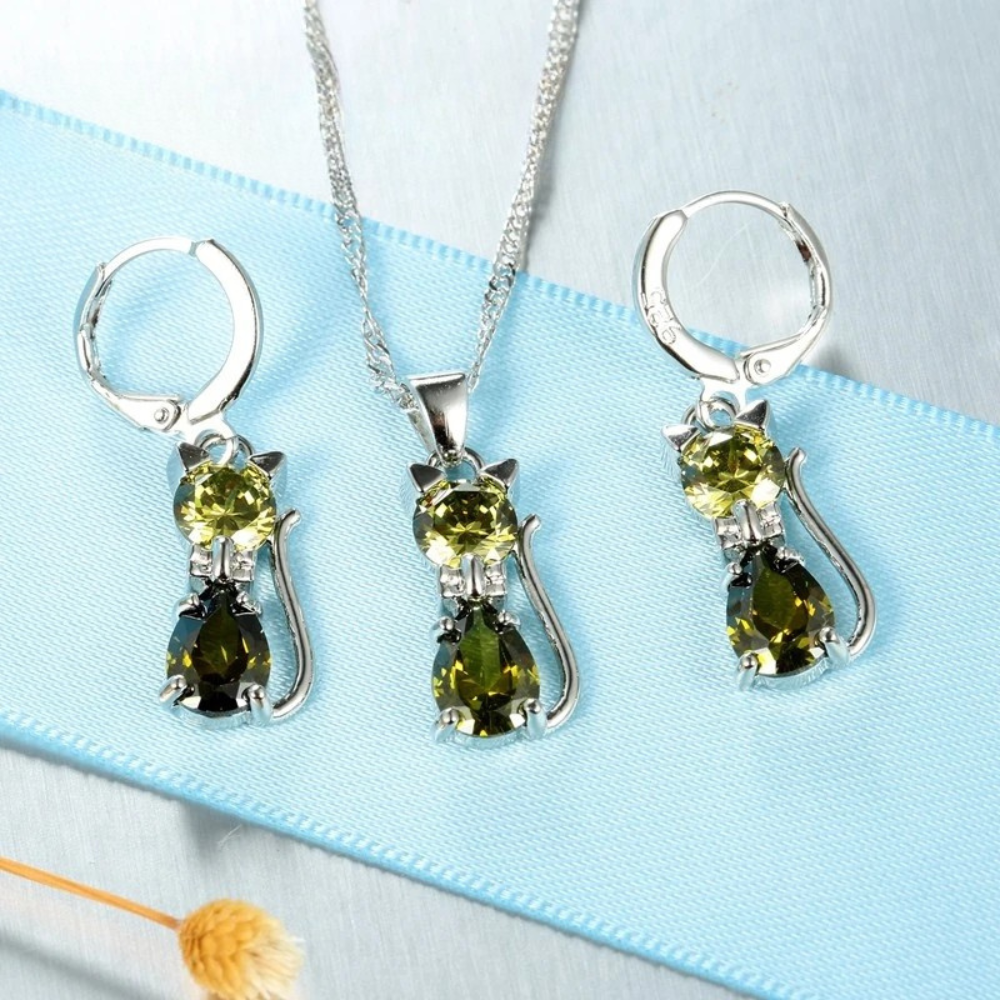 925 Sterling Silver Jewelry Set: Sparkling Austrian Crystal Cat Pendant Necklace and Huggie Earrings for Women and Girls