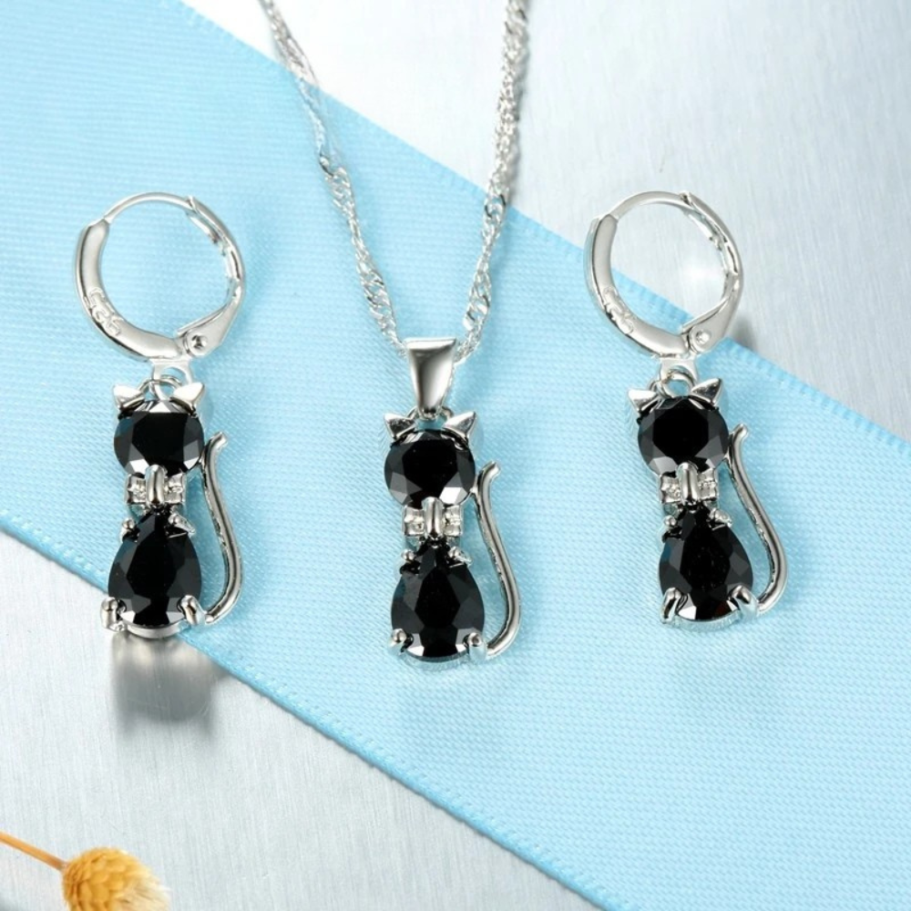 925 Sterling Silver Jewelry Set: Sparkling Austrian Crystal Cat Pendant Necklace and Huggie Earrings for Women and Girls