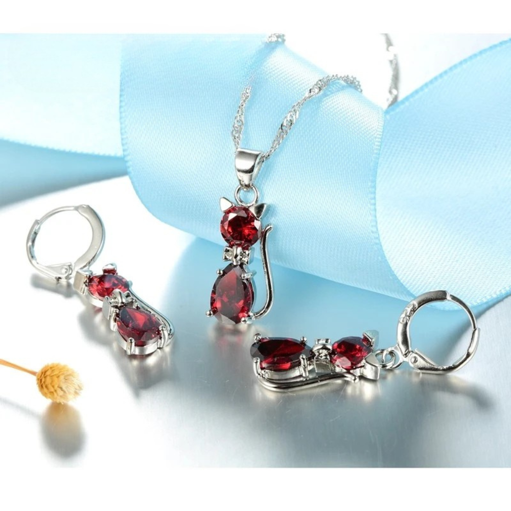 925 Sterling Silver Jewelry Set: Sparkling Austrian Crystal Cat Pendant Necklace and Huggie Earrings for Women and Girls