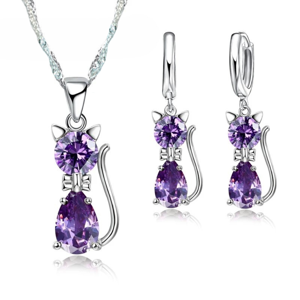 925 Sterling Silver Jewelry Set: Sparkling Austrian Crystal Cat Pendant Necklace and Huggie Earrings for Women and Girls