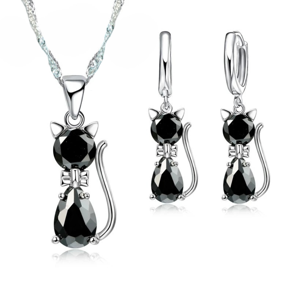 925 Sterling Silver Jewelry Set: Sparkling Austrian Crystal Cat Pendant Necklace and Huggie Earrings for Women and Girls