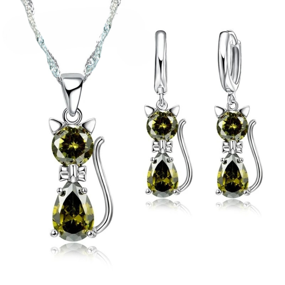 925 Sterling Silver Jewelry Set: Sparkling Austrian Crystal Cat Pendant Necklace and Huggie Earrings for Women and Girls