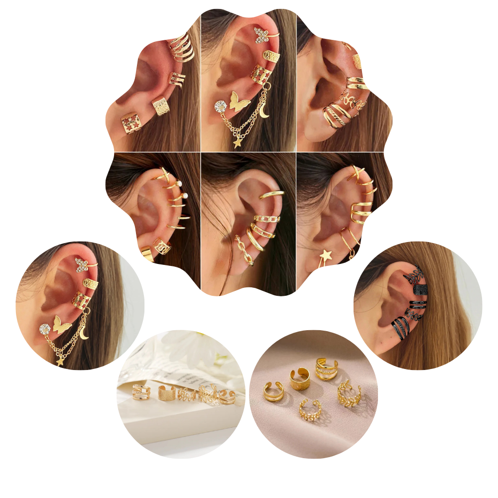 Ear Cuff Set: Elegant Gold and Silver Leaf Clip Earrings with Butterfly Design – Trendy Non-Piercing Jewelry for Modern Women