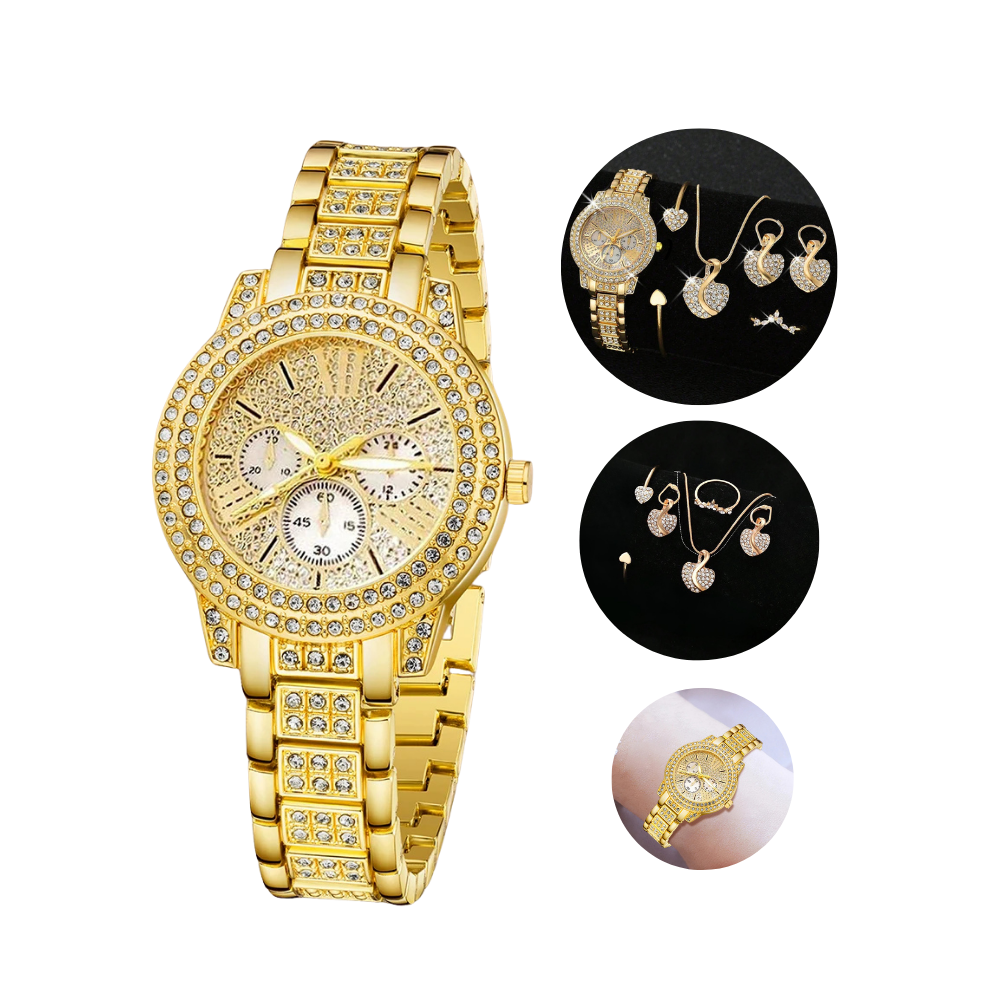 Elegant Gold Quartz Women’s Watch with a Jewelry Set featuring a Ring, Necklace, and Rhinestone Earrings – A perfect blend of charm and sophistication.