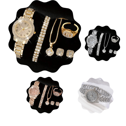 6PCS Elegant Women's Watch Set – Luxury Crystal-Studded Alloy Watch with Chic Bracelets, Perfect as a Gift for Her