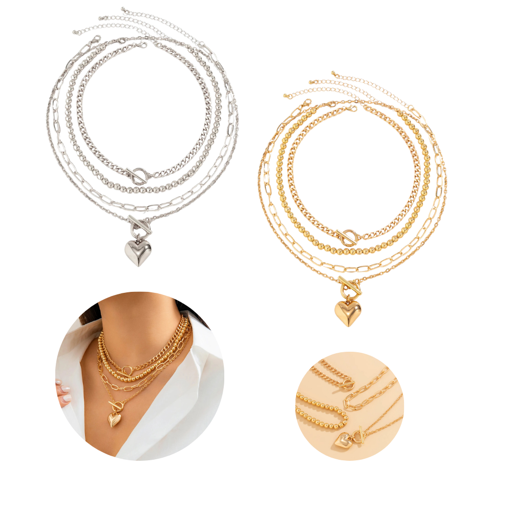Golden Heart Elegance – A 4-Piece Y2K Necklace Set for Bold and Modern Women