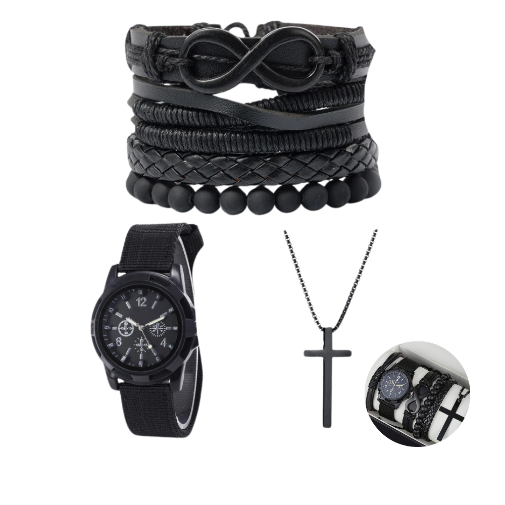 Timeless Elegance: Men's 6-Piece Accessory Set with Mechanical Watch and Cross Necklace