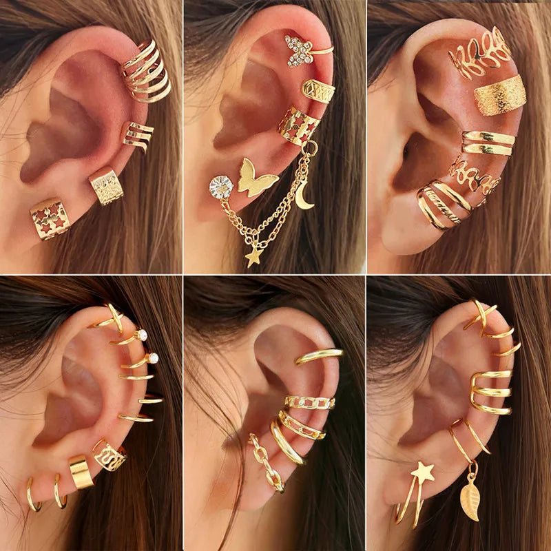Ear Cuff Set: Elegant Gold and Silver Leaf Clip Earrings with Butterfly Design – Trendy Non-Piercing Jewelry for Modern Women
