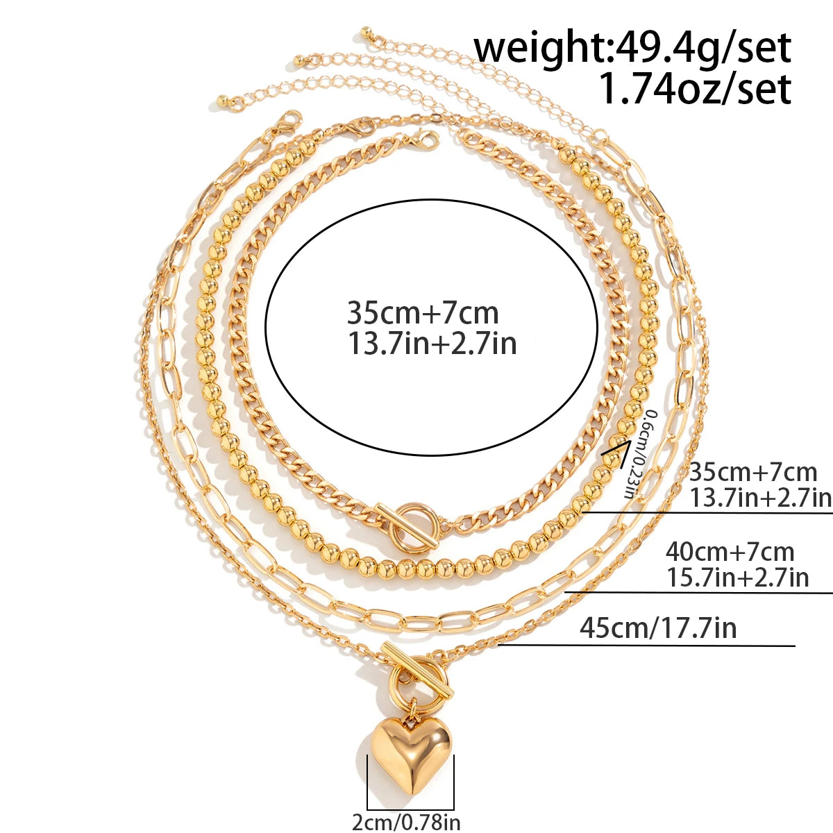 Golden Heart Elegance – A 4-Piece Y2K Necklace Set for Bold and Modern Women