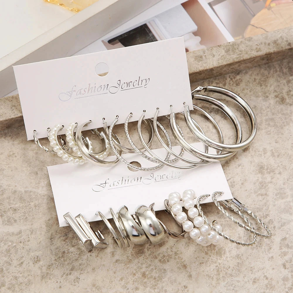 Y2K Vintage Silver Pearl Geometric Hoop Earring Set – Round, Circle, and Square Designs for a Sophisticated Look
