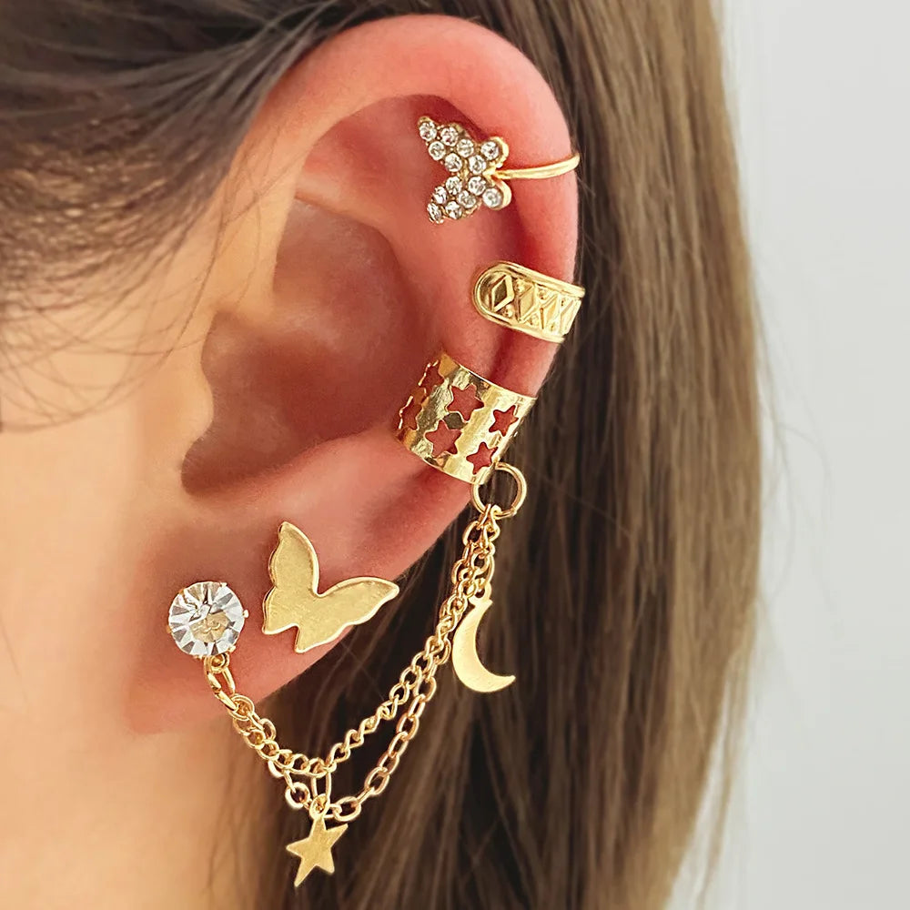 Ear Cuff Set: Elegant Gold and Silver Leaf Clip Earrings with Butterfly Design – Trendy Non-Piercing Jewelry for Modern Women