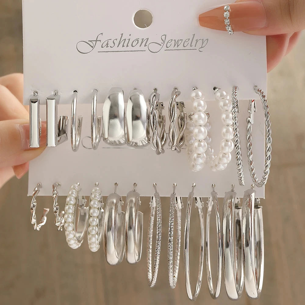 Y2K Vintage Silver Pearl Geometric Hoop Earring Set – Round, Circle, and Square Designs for a Sophisticated Look