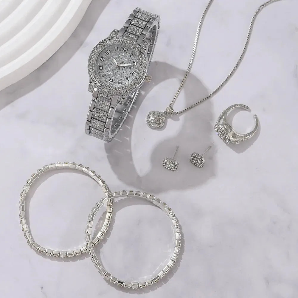 6PCS Elegant Women's Watch Set – Luxury Crystal-Studded Alloy Watch with Chic Bracelets, Perfect as a Gift for Her
