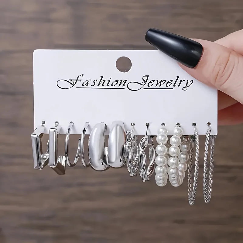 Y2K Vintage Silver Pearl Geometric Hoop Earring Set – Round, Circle, and Square Designs for a Sophisticated Look