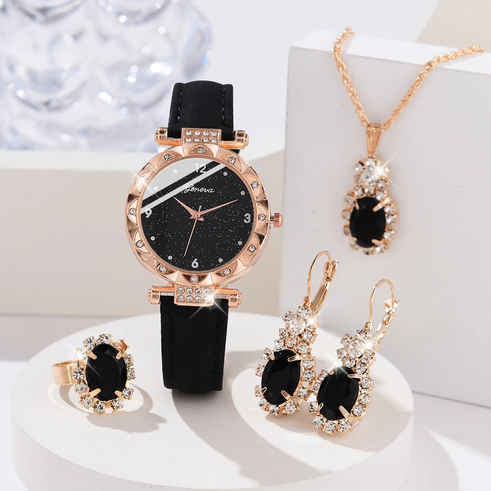 Luxury 5Pcs Gift Set – Elegant Women's Watches with Crystal Bracelets for a Unique Look