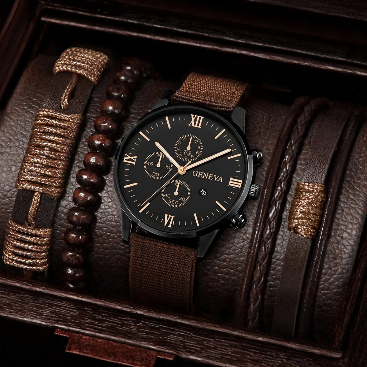 4/5PCS Stylish Men's Watch Set – Casual Nylon Strap Quartz Watches with Fashion Bracelets (No Box Included)