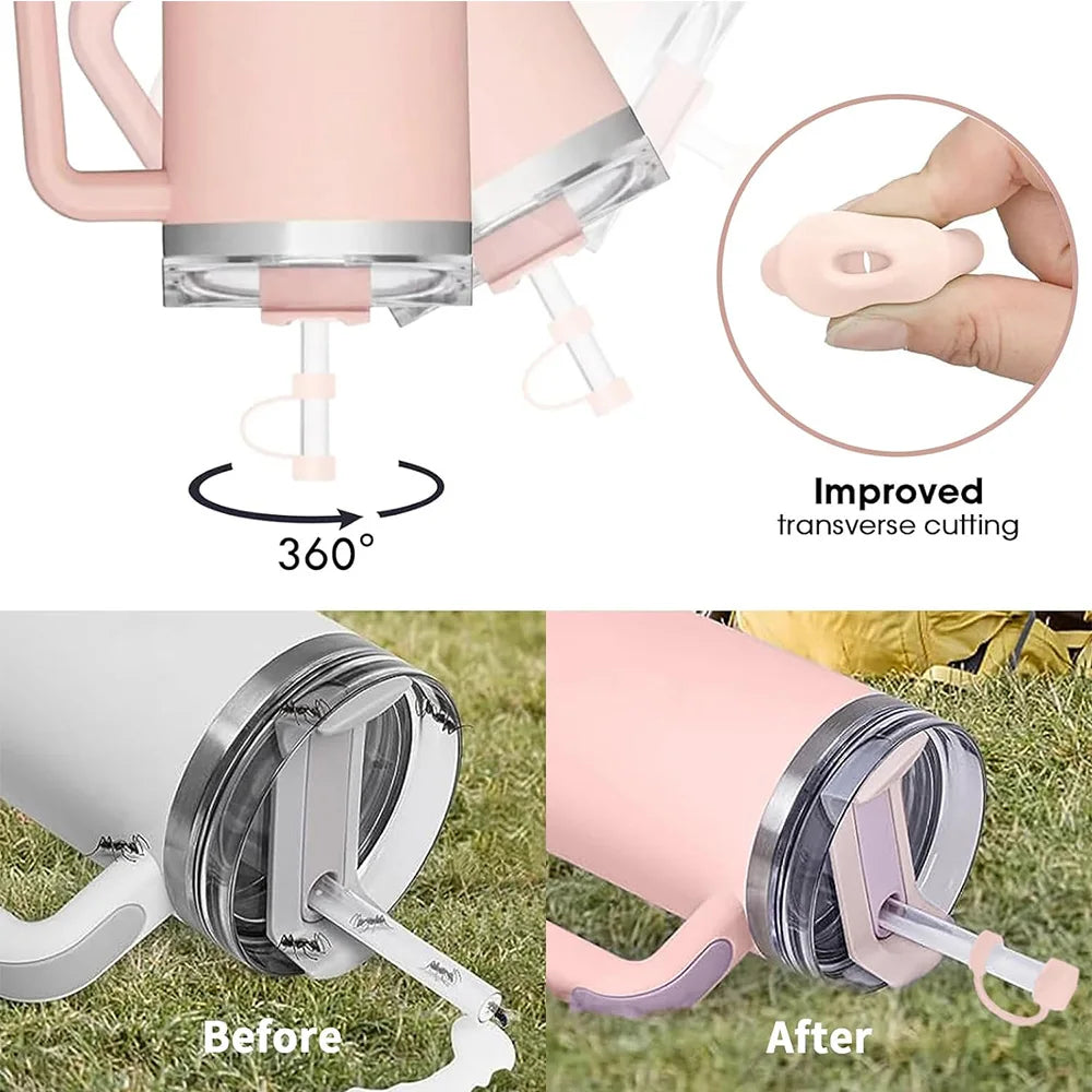 Set de accesorios de lujo 9 en 1 para Stanley Cup: tapón antiderrames, cubrepajitas, funda antideslizante, cepillo de limpieza y elegante dije de flor Chainley Cup.