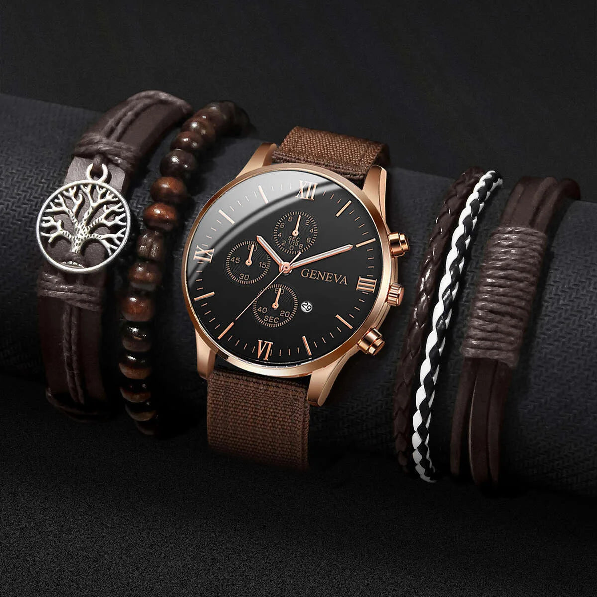 4/5PCS Stylish Men's Watch Set – Casual Nylon Strap Quartz Watches with Fashion Bracelets (No Box Included)