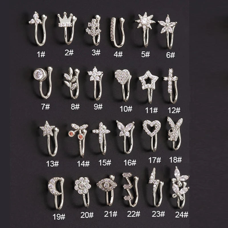 Non-Piercing Nose Ring and Ear Cuffs Featuring Edgy Heart, Star, Flower, and Butterfly Designs – Trendy Body Jewelry for Women" KAE197