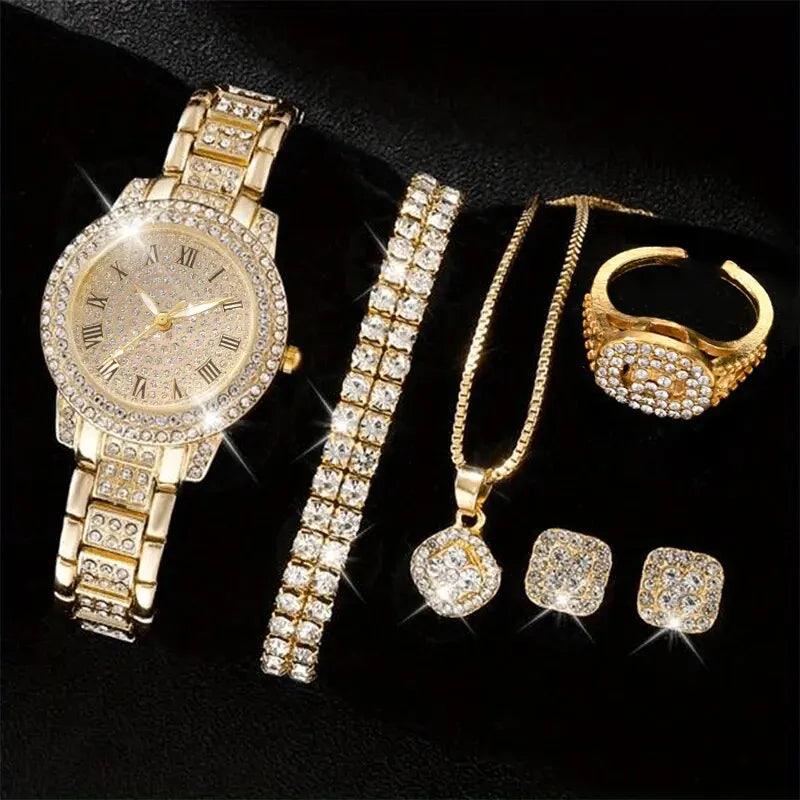 6PCS Elegant Women's Watch Set – Luxury Crystal-Studded Alloy Watch with Chic Bracelets, Perfect as a Gift for Her