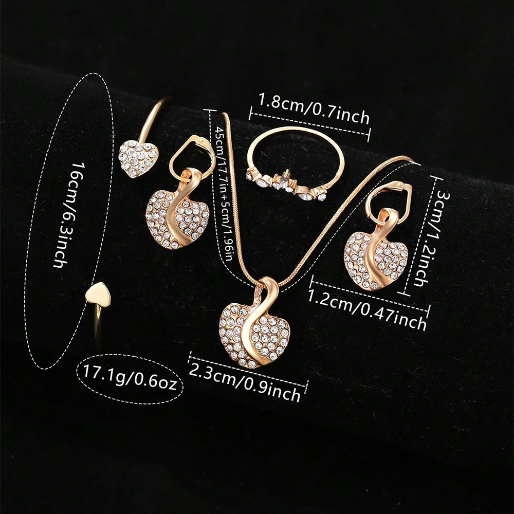 Elegant Gold Quartz Women’s Watch with a Jewelry Set featuring a Ring, Necklace, and Rhinestone Earrings – A perfect blend of charm and sophistication.