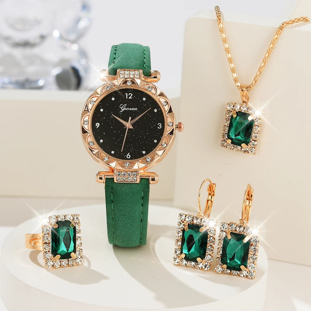 Luxury 5Pcs Gift Set – Elegant Women's Watches with Crystal Bracelets for a Unique Look
