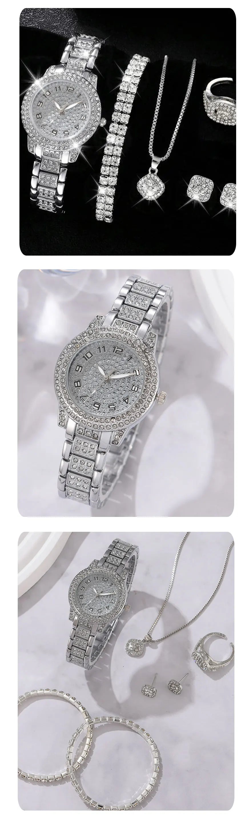 6PCS Elegant Women's Watch Set – Luxury Crystal-Studded Alloy Watch with Chic Bracelets, Perfect as a Gift for Her