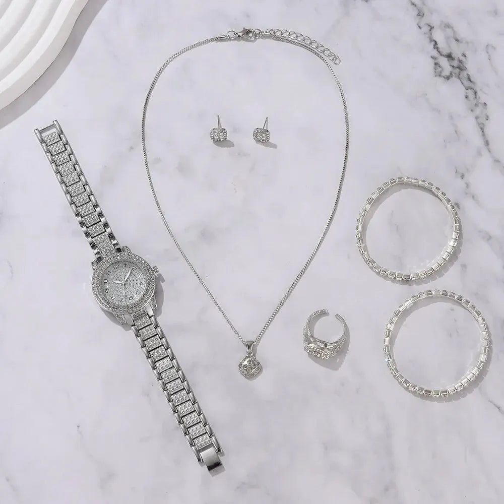 6PCS Elegant Women's Watch Set – Luxury Crystal-Studded Alloy Watch with Chic Bracelets, Perfect as a Gift for Her