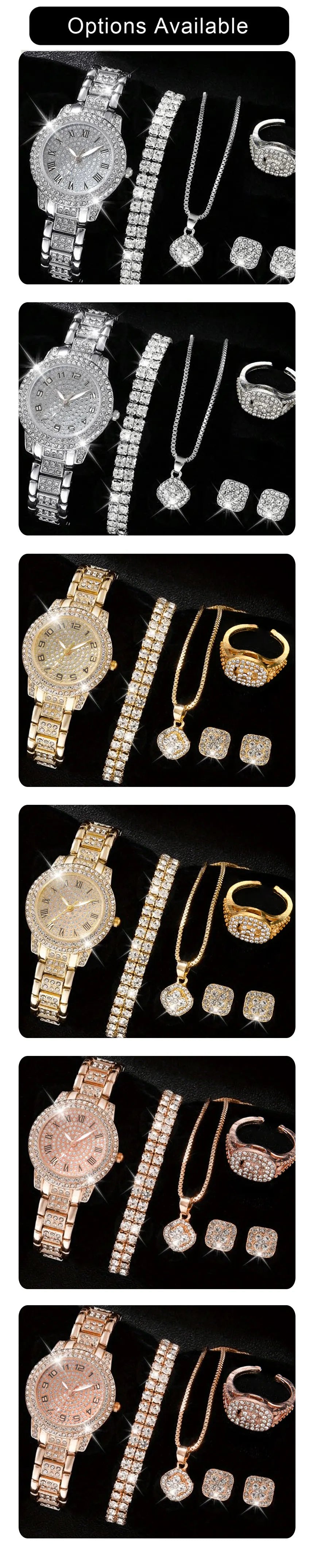 6PCS Elegant Women's Watch Set – Luxury Crystal-Studded Alloy Watch with Chic Bracelets, Perfect as a Gift for Her