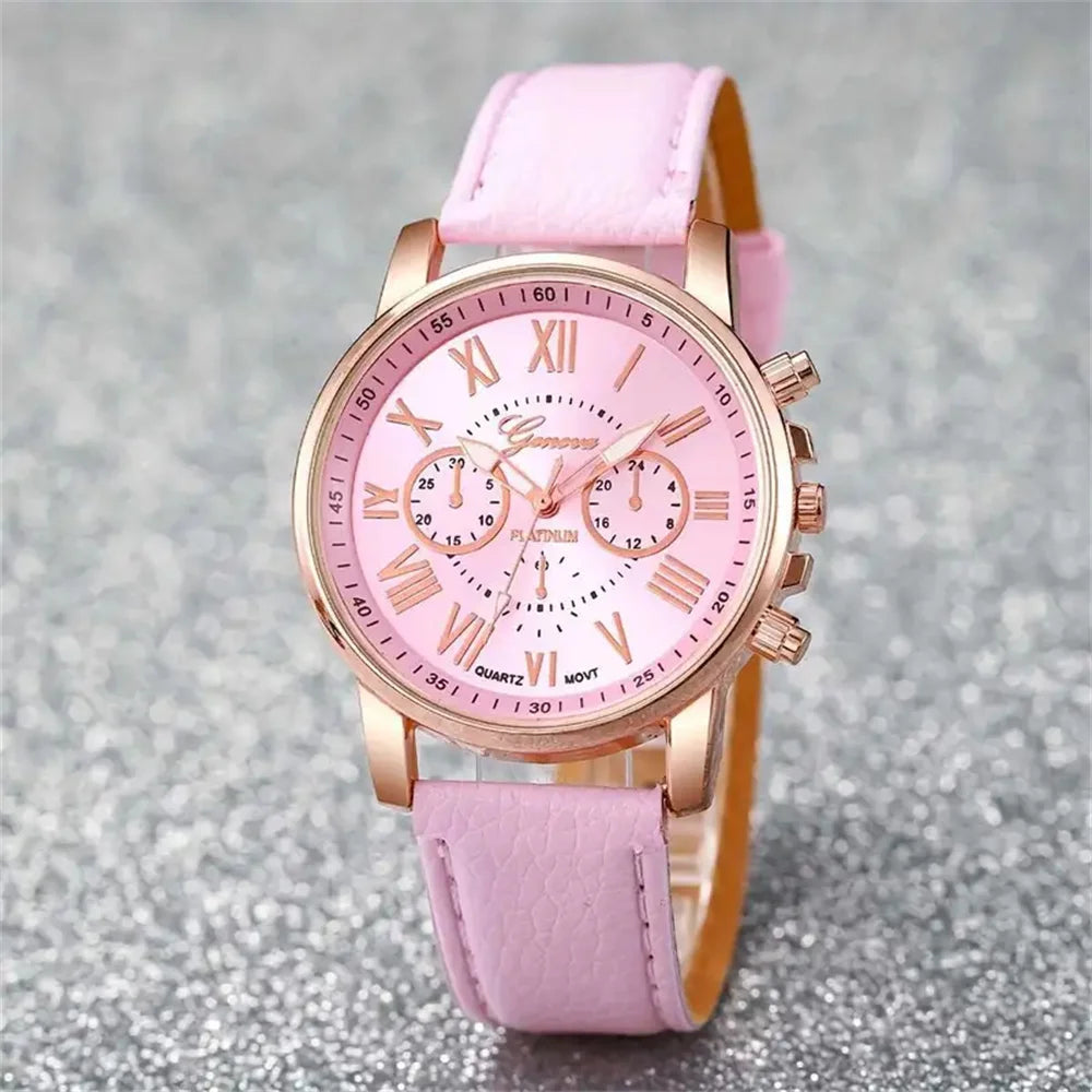 Elegant 6-Piece Set: Women’s Quartz Watch with Leather Band, Heart Design, and Rhinestone Accents –(Without Box)