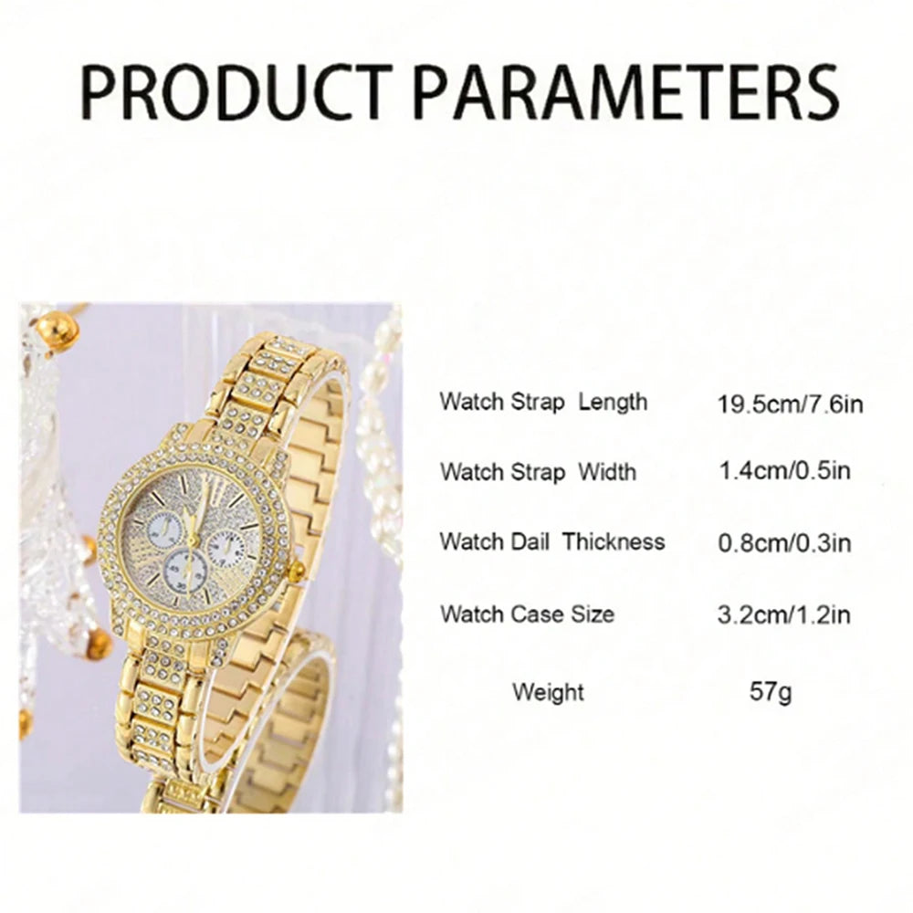 Elegant Gold Quartz Women’s Watch with a Jewelry Set featuring a Ring, Necklace, and Rhinestone Earrings – A perfect blend of charm and sophistication.