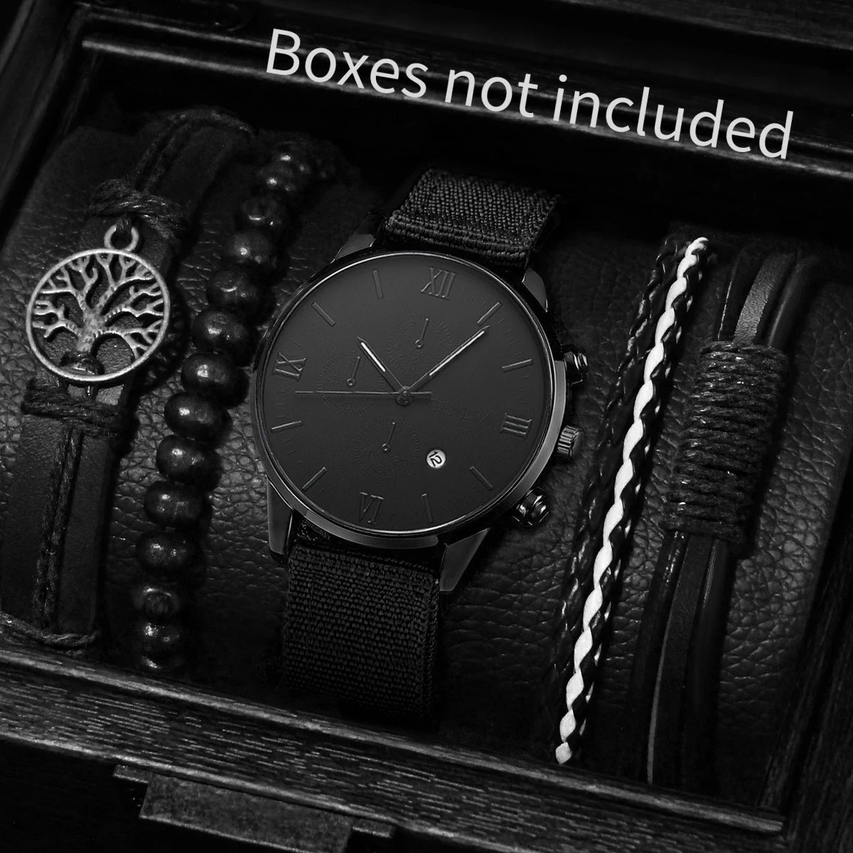 4/5PCS Stylish Men's Watch Set – Casual Nylon Strap Quartz Watches with Fashion Bracelets (No Box Included)