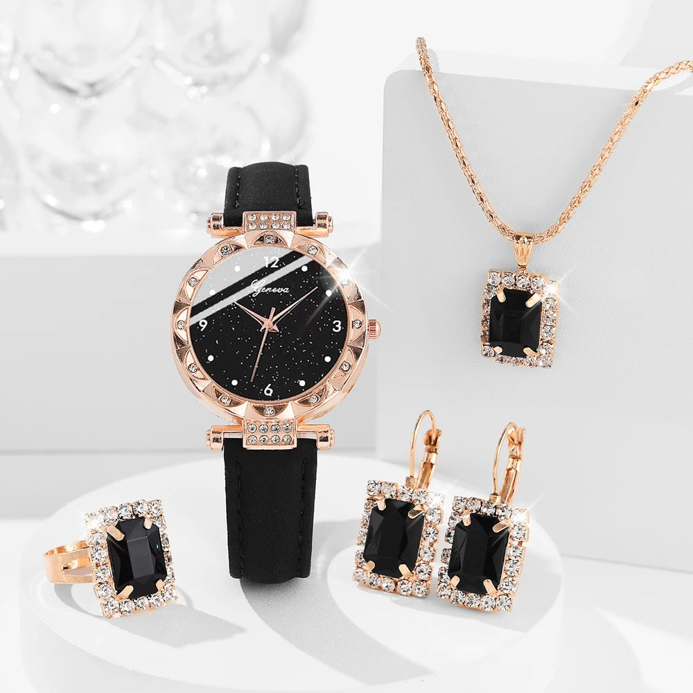 Luxury 5Pcs Gift Set – Elegant Women's Watches with Crystal Bracelets for a Unique Look