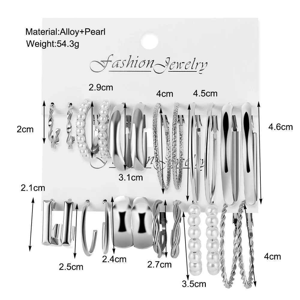 Y2K Vintage Silver Pearl Geometric Hoop Earring Set – Round, Circle, and Square Designs for a Sophisticated Look