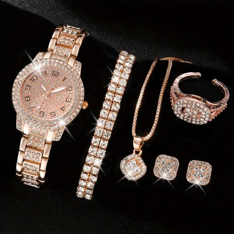6PCS Elegant Women's Watch Set – Luxury Crystal-Studded Alloy Watch with Chic Bracelets, Perfect as a Gift for Her
