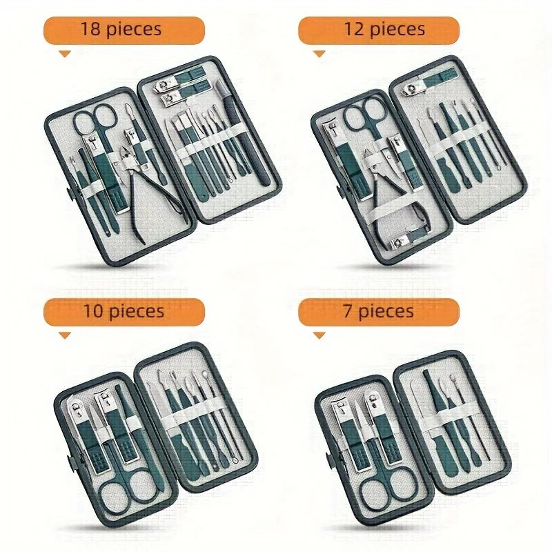 Luxury Stainless Steel Nail Care Kit – 7/10/12/18 Pieces with Chic Travel Case for On-the-Go Grooming