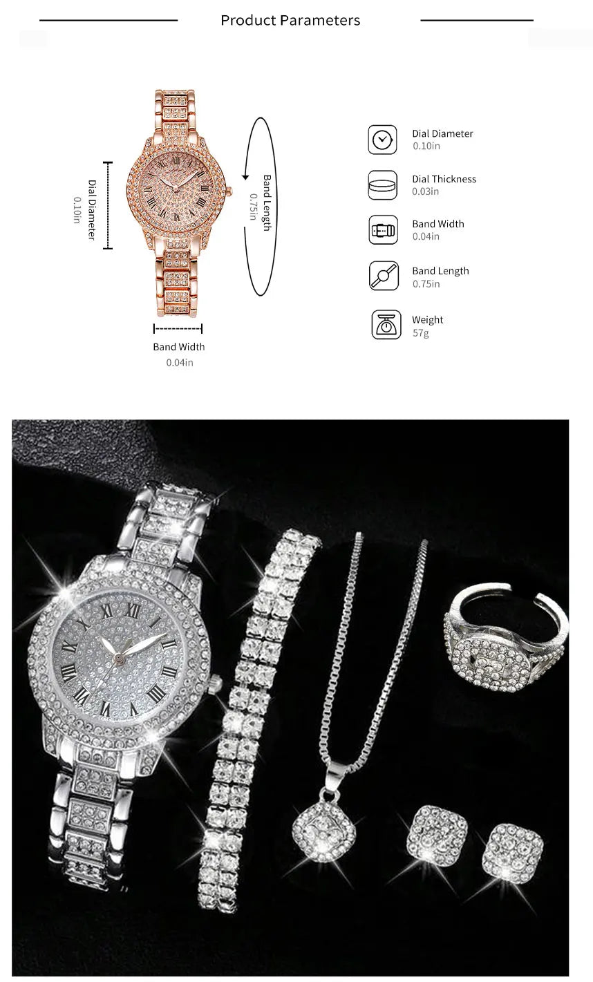 6PCS Elegant Women's Watch Set – Luxury Crystal-Studded Alloy Watch with Chic Bracelets, Perfect as a Gift for Her