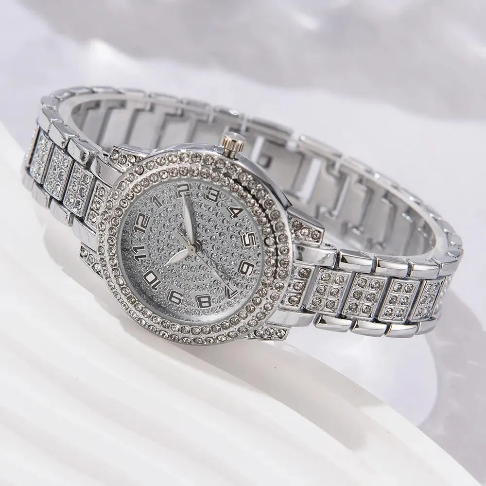 6PCS Elegant Women's Watch Set – Luxury Crystal-Studded Alloy Watch with Chic Bracelets, Perfect as a Gift for Her