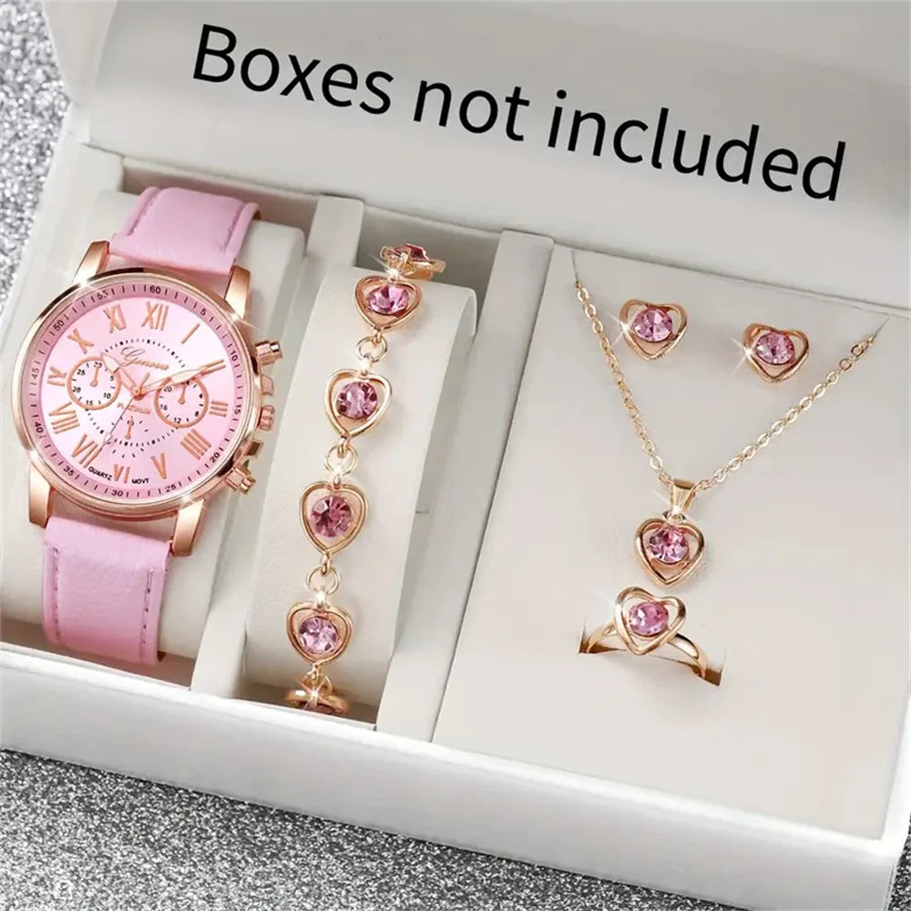 Elegant 6-Piece Set: Women’s Quartz Watch with Leather Band, Heart Design, and Rhinestone Accents –(Without Box)