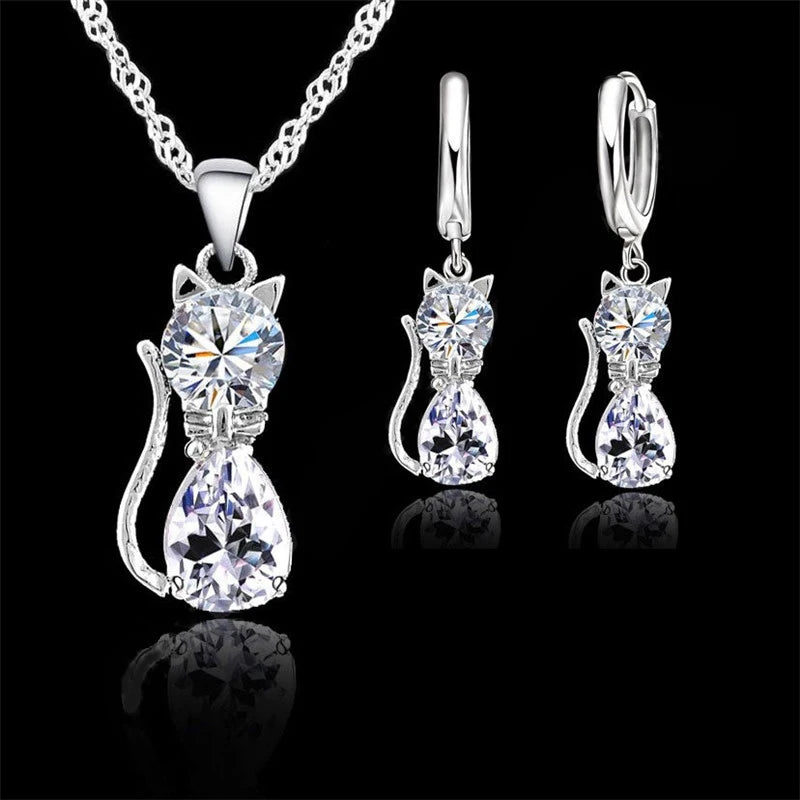 925 Sterling Silver Jewelry Set: Sparkling Austrian Crystal Cat Pendant Necklace and Huggie Earrings for Women and Girls