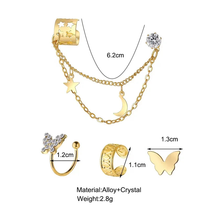Ear Cuff Set: Elegant Gold and Silver Leaf Clip Earrings with Butterfly Design – Trendy Non-Piercing Jewelry for Modern Women