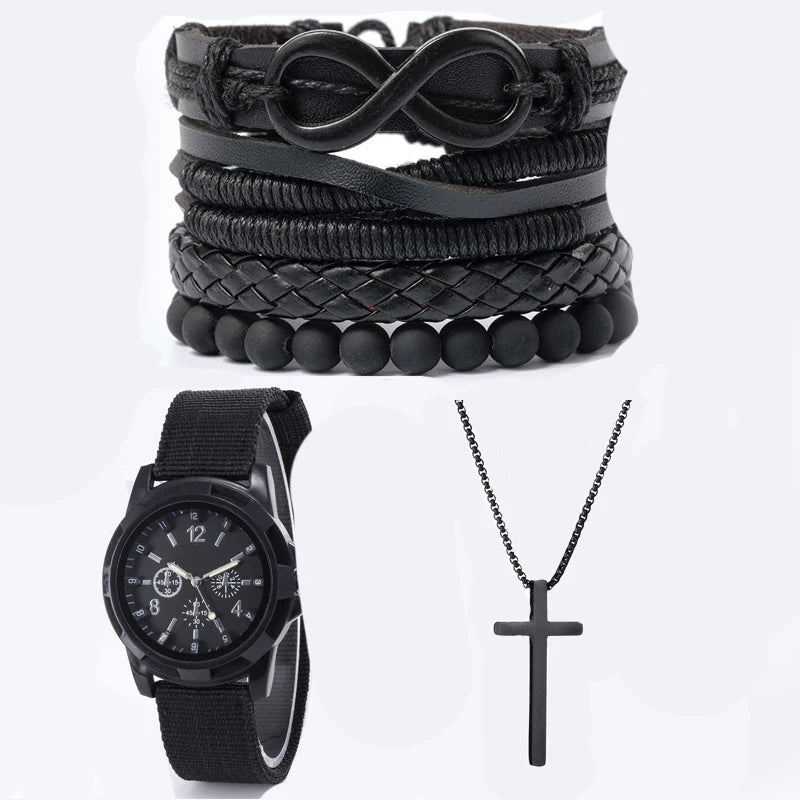 Timeless Elegance: Men's 6-Piece Accessory Set with Mechanical Watch and Cross Necklace